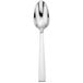 A close-up of a Sant'Andrea Fulcrum stainless steel teaspoon with a white handle.