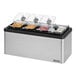 A stainless steel Server Mini countertop condiment bar with 4 compartments filled with food.