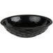 A black polyethylene round weave basket with a braided rim.