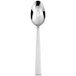 A silver stainless steel slotted serving spoon with a black handle.