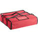 A red Choice insulated pizza delivery bag with black straps and a zipper.