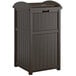 A brown Suncast Trash Hideaway outdoor waste container with a lid.