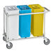 A Baker's Lane mobile triple ingredient bin cart with three yellow, blue, and white bins.