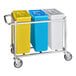 A white mobile cart with three Baker's Lane ingredient bins in blue, white, and yellow.