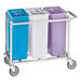 A white rectangular mobile triple ingredient bin with blue and purple bins.