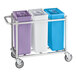 A white Baker's Lane cart with three blue, purple, and white ingredient bins.