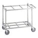A stainless steel Baker's Lane cart with blue wheels.