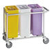 A Baker's Lane mobile triple ingredient bin with yellow, white, and purple containers on a cart. The yellow and white containers have clear lids.