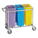 A metal cart with three rectangular plastic bins, one yellow, one blue, and one purple.