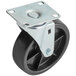 A black Main Street Equipment swivel caster with a silver metal plate and wheel.