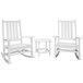 A group of white POLYWOOD Vineyard rocking chairs with a white South Beach side table.