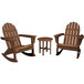 A round wooden table with a group of brown wooden rocking chairs with armrests.