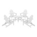 A group of POLYWOOD white Adirondack chairs around a round table.