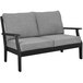 A grey POLYWOOD loveseat with black legs and arms.