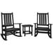 A black POLYWOOD rocking chair with a small table.