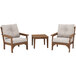 A brown square table with legs and two POLYWOOD Vineyard chairs with cushions on either side.