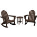 A round wooden table with a brown POLYWOOD Vineyard 3-piece Adirondack set on an outdoor patio.