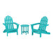 A blue POLYWOOD patio set with two folding Adirondack chairs and a round table.