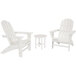 A white POLYWOOD patio set with 2 Adirondack chairs and a round table.