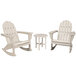 A white POLYWOOD round table with legs and 2 Adirondack rocking chairs with armrests.