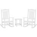 A white POLYWOOD Presidential rocking chair with a small white table.