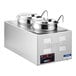 A stainless steel countertop food warmer with two wells, digital controls, two insets, two covers, and two ladles.