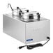 A stainless steel countertop food warmer with two round insets, two lids, and two ladles, designed for keeping food warm.