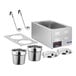 A stainless steel countertop food warmer set with digital controls, two insets, two covers, two ladles, and a divider plate.