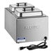 A stainless steel electric countertop food warmer with two covered pans and a power cord.