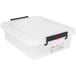 An Araven white plastic food box with a snap-on lid and black handle.