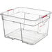 An Araven clear plastic food box with red handles.