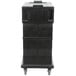 A black plastic Cambro Ultra Camcart food pan carrier on wheels.
