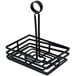 A black rectangular wire basket with a spiral handle.