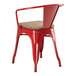 A Lancaster Table & Seating red metal arm chair with a gray wood seat.