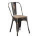 A black metal Lancaster Table & Seating cafe chair with gray wood seat.