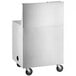 A stainless steel rectangular cart with black wheels.