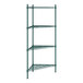 A green wire shelving unit with four shelves.