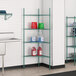 A green Regency wire shelving unit with shelves holding containers.