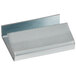 A silver metal open seal for plastic strapping with a small hole in it.