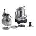 A stainless steel bowl, motor base, and continuous feed head for an AvaMix food processor.