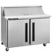 A silver refrigerated counter with left hinged doors.