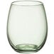 An Acopa green stemless wine glass with a white background.