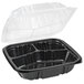 A black Pactiv Earthchoice plastic container with two compartments and a clear lid.