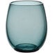 A clear glass with a blue stem on a white background.
