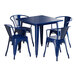 A blue square table with blue metal chairs around it.