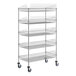 A Regency chrome mobile storage display stand with 5 baskets on shelves.