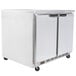 A stainless steel Beverage-Air worktop refrigerator with two doors.