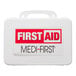 A white rectangular Medique first aid kit with a red and black label.