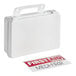 A white plastic first aid kit box with a handle and a separate 'FIRST AID MEDI-FIRST' label.