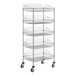 A Regency chrome metal mobile storage display stand with 5 baskets on wheels.